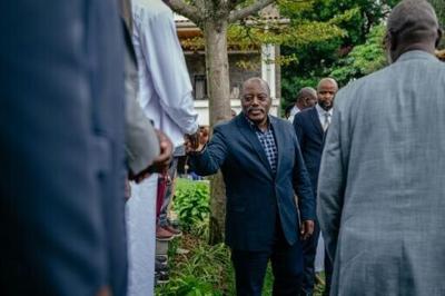 Former president of the Democratic Republic of Congo Joseph Kabila greets traditional leaders after a meeting at one of his residences in Goma on May 30, 2025