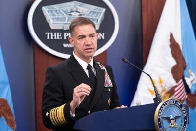 US Admiral Brad Cooper -- pictured speaking at the Pentagon on April 16, 2026 -- said Washington's forces have downed multiple Iranian missiles and drones