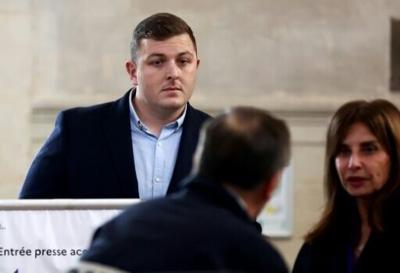 Former Irish rugby player Denis Coulson (L) in court before his trial for rape in Bordeaux in 2024