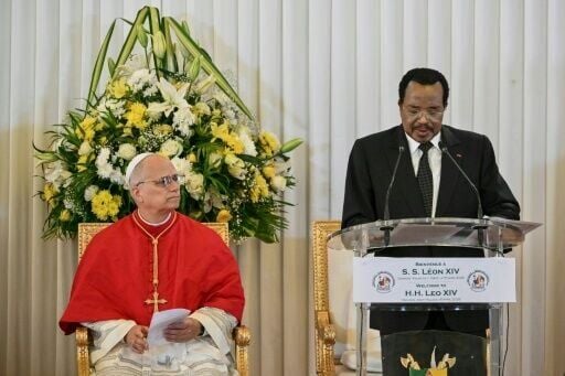 Pope Leo XIV made a pointed speech within earshot of Cameroon's President Paul Biya (R)