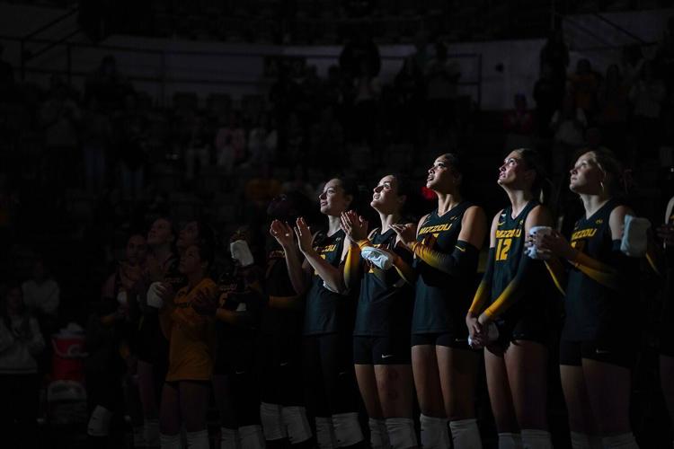 The Mizzou volleyball team applauds during introductions