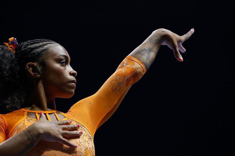 Florida’s Selena Harris-Miranda performs her beam routine