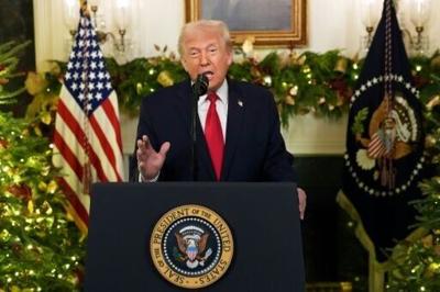 US President Donald Trump, pictured addressing the nation from the Diplomatic Reception Room of the White House in 2025, has seen is approval rating slip below 40 percent