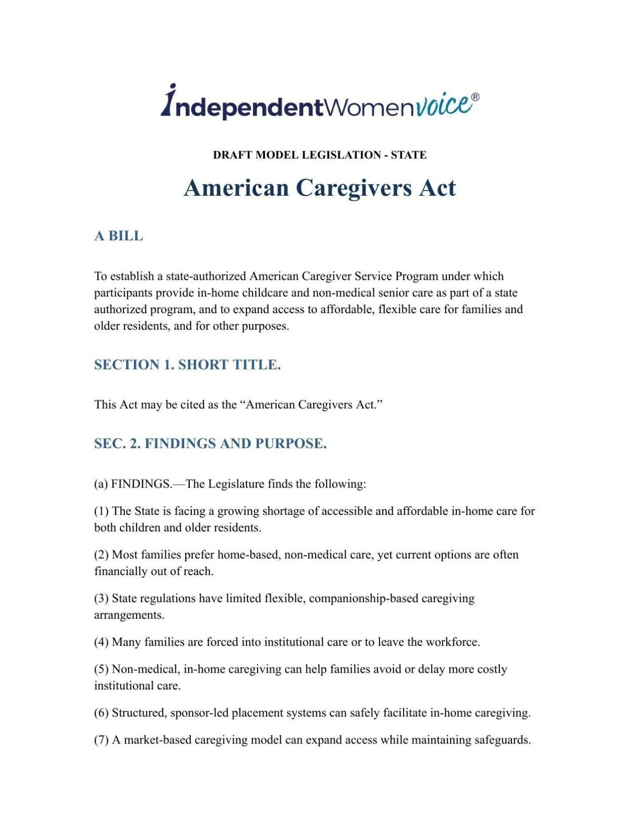 FNF - State Model American Caregivers Act