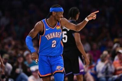 One more? Oklahoma City Thunder star Shai Gilgeous-Alexander celebrates a basket during an NBA game against the Utah Jazz