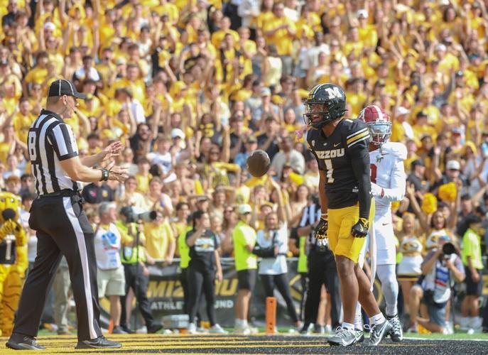 Missouri wide receiver Donovan Olugbode (1) celebrates a touchdown in the fourth quarter on Saturday (copy) (copy)