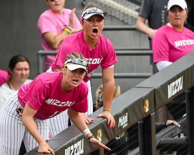 Mizzou softball cheers on their teammates