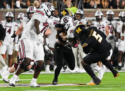 Mizzou linebacker Khalil Jacobs (5) and Mizzou safety Santana Banner (15) (copy)