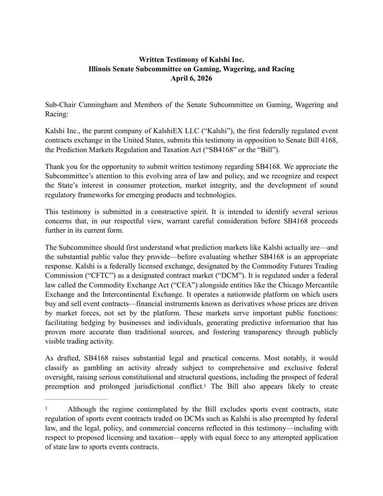 Kalshi Inc. written testimony on Illinois Senate Bill 4168