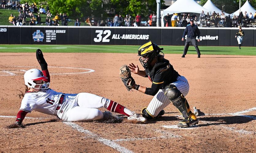 Mizzou catcher Stefania Abruscato (CQ) (7) tags out South Carolina outfielder