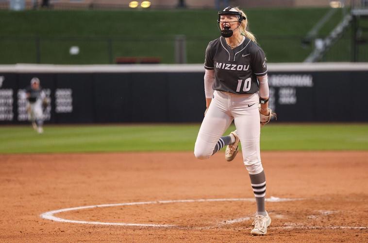 Mizzou pitcher Marissa McCann (10) celebrates after striking out
