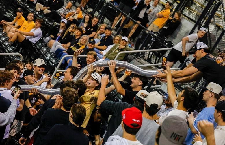 Fans build a cup snake during the game