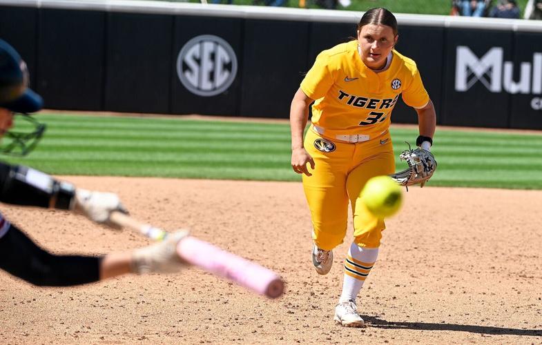 Mizzou third basemen Addy Waits (34) runs up to home as South Carolinas