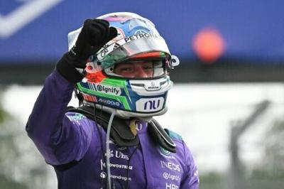 Mercedes' Italian driver Kimi Antonelli celebrates after winning the 2026 Miami Formula One Grand Prix