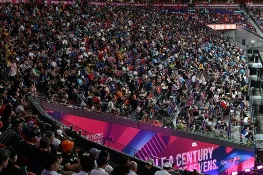 Crowds watch Australia against Britain play on the first day of the 2026 Rugby Sevens Hong Kong tournament at the Kai Tak sports stadium