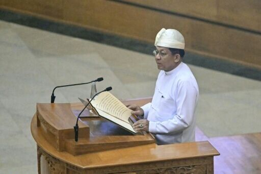 Min Aung Hlaing delivers a speech during a session of the Pyidaungsu Hluttaw (Union Parliament)