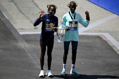Kenyans Sharon Lokedi and John Korir celebrate their victories at the 2025 Boston Marathon