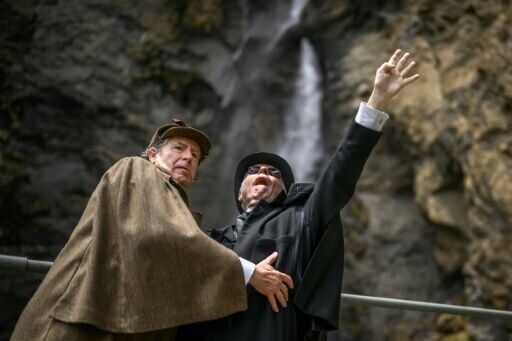 Reichenbach reenacted: Sherlock Holmes, here played by British motoring author Philip Porter, grapples with nemesis Professor Moriarty, played by British lawyer Peter Horrocks