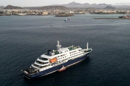 The MV Hondius cruise ship anchored off Praia, the capital of Cape Verde, following a hantavirus outbreak on board