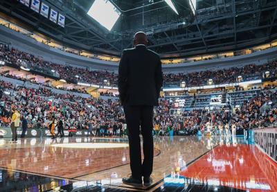 Mizzou head coach Dennis Gates stands on the court during pregame (copy)