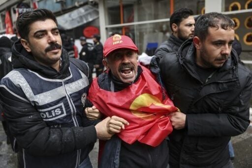 Turkish police detain a protestor in Istanbul