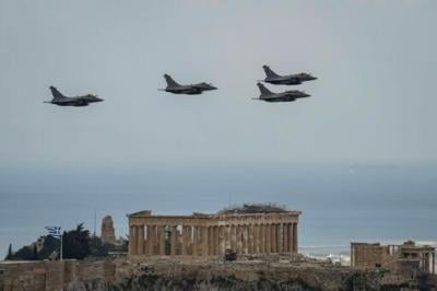 Greek Air Force Rafales fly over the Parthenon on Greek Independence Day