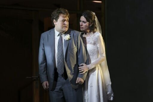Finnish American tenor Miles Mykkanen (L) and US soprano Jacquelyn Stucker perform on stage during a rehearsal of 'Innocence'