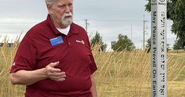 Peace Pole installed in Rotary Sculpture Garden in Mercy Park