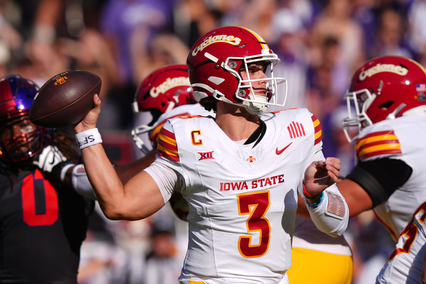 Rocco Becht celebrating a touchdown pass during the 2026 Iowa State football season