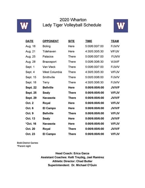 SCHEDULE: Wharton volleyball