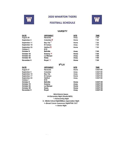 SCHEDULE: Wharton football