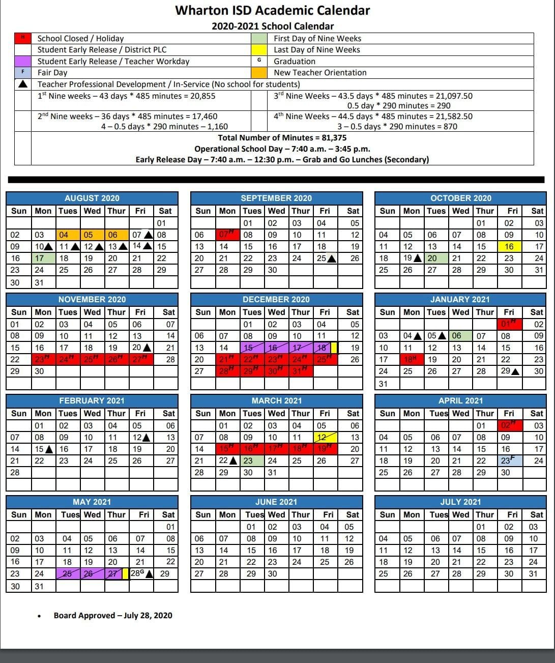 Wharton ISD calendar (2020-21 school year)   journal-spectator.com