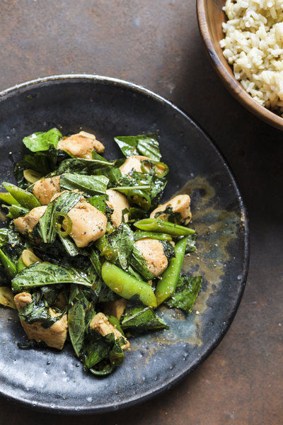 Milk Street recipe Thai chicken stir fry piles on basil by the