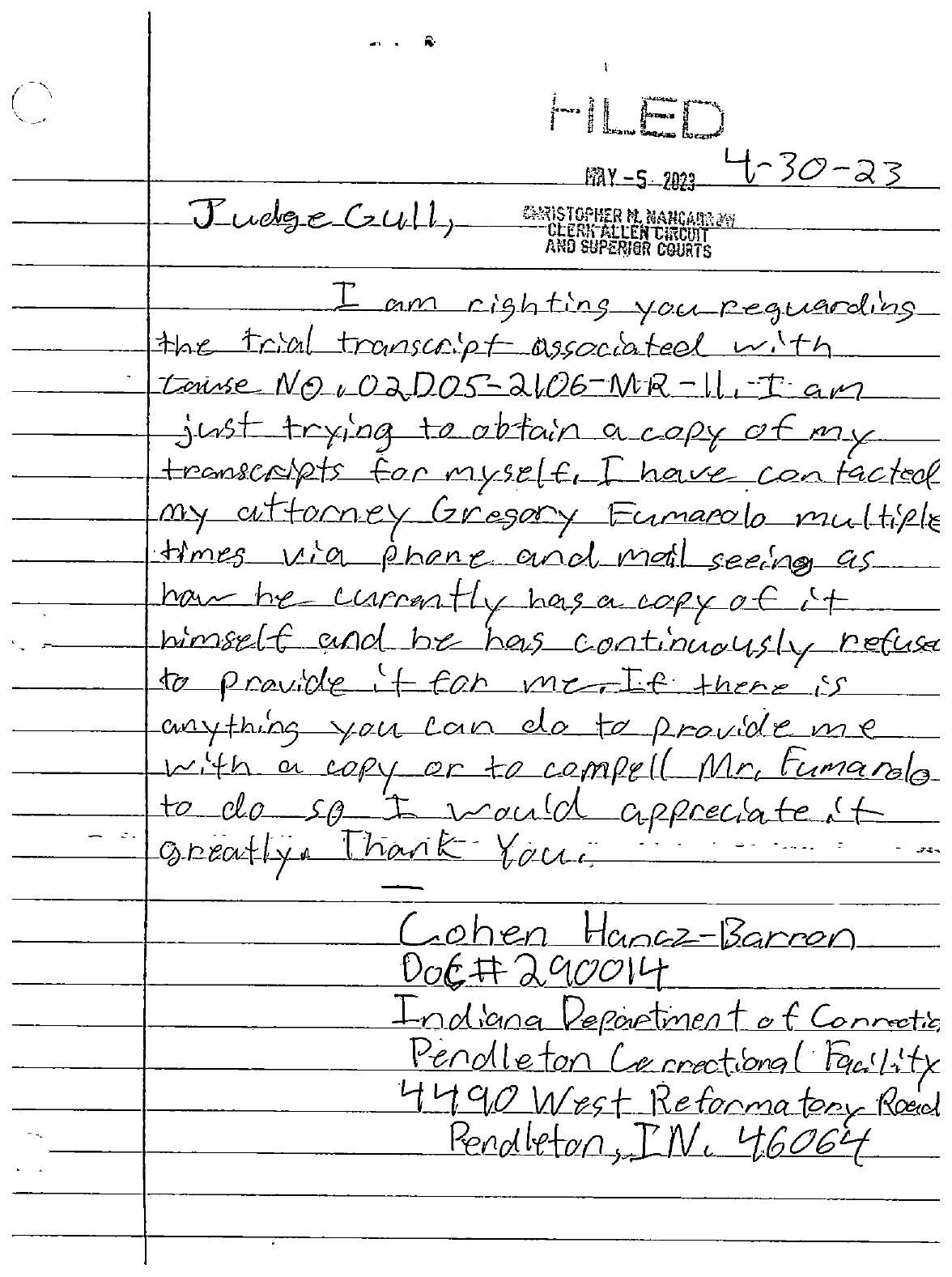 Cohen Hancz-Barron letter to Allen Superior Court Judge Fran Gull ...