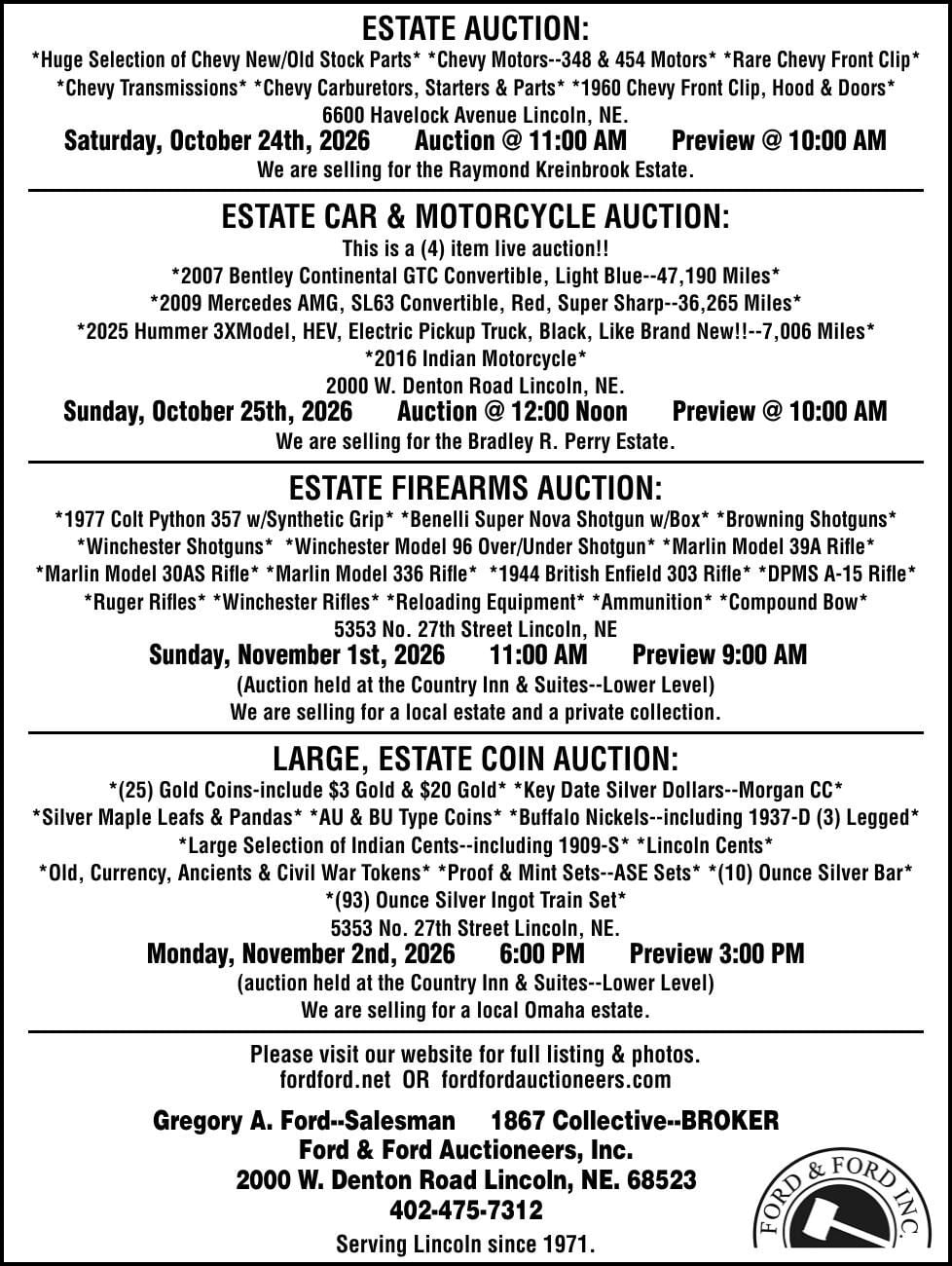 FORD AND FORD AUCTIONS - Ad from 2026-10-18