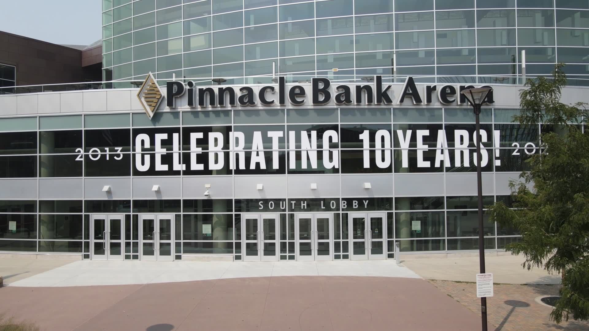 Aerial view of Pinnacle Bank Arena and Haymarket area