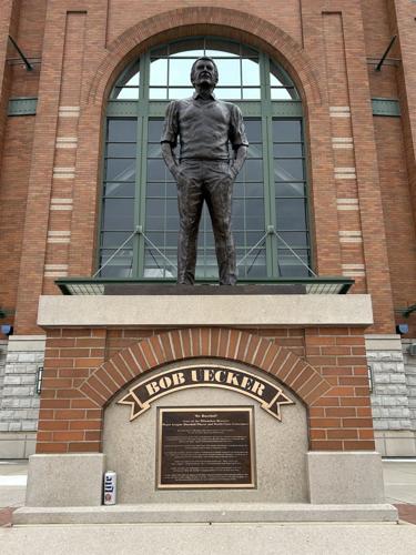 A lone can of Miller Lite sits at the base of Bob Uecker's statue outside of American Family Field in the moments after his passing on Thursday, January 16, 2025.