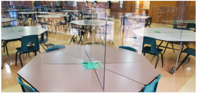 Plexiglas barriers on lunch tables