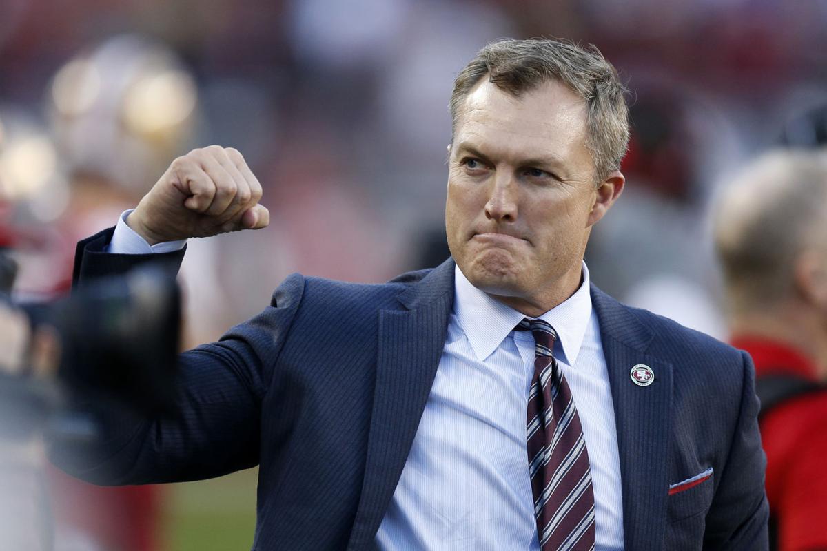 San Francisco 49ers general manager John Lynch celebrates in the final moments of the NFC Divisional Round Playoff victory against the Minnesota Vikings at Levi's Stadium on January 11, 2020, in Santa Clara, Calif.