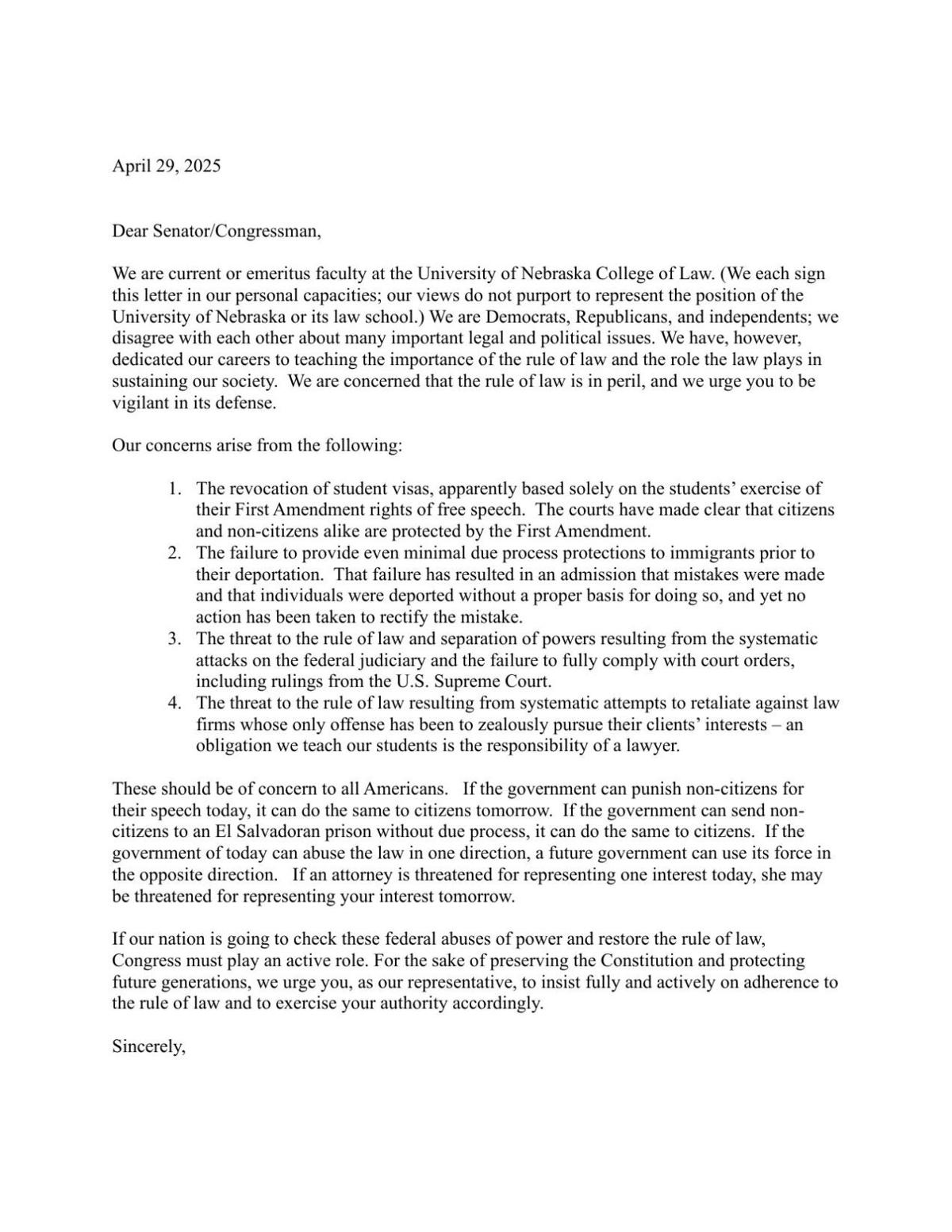Rule of Law Letter for Nebraska Representatives