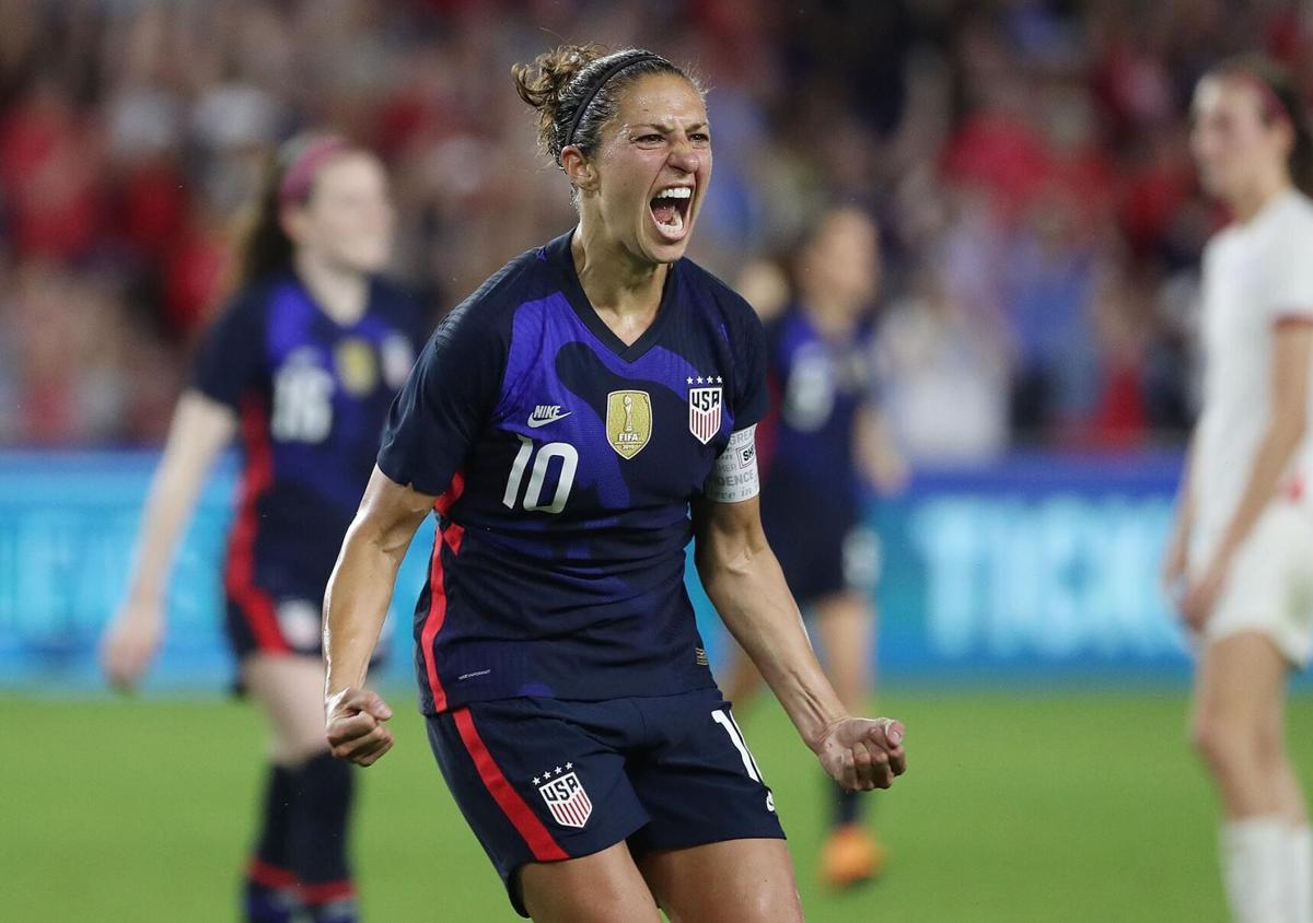 The U.S. women's national team's Carli Lloyd celebrates after scoring a goal during a 2020 SheBelieves Cup match at Exploria Stadium in Orlando.