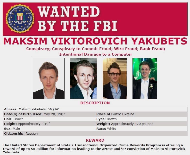 Wanted poster: Maksim V. Yakubets