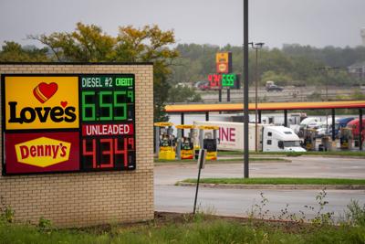 Trucks fill up on diesel at a truck stop off Interstate 80 in Clive.
