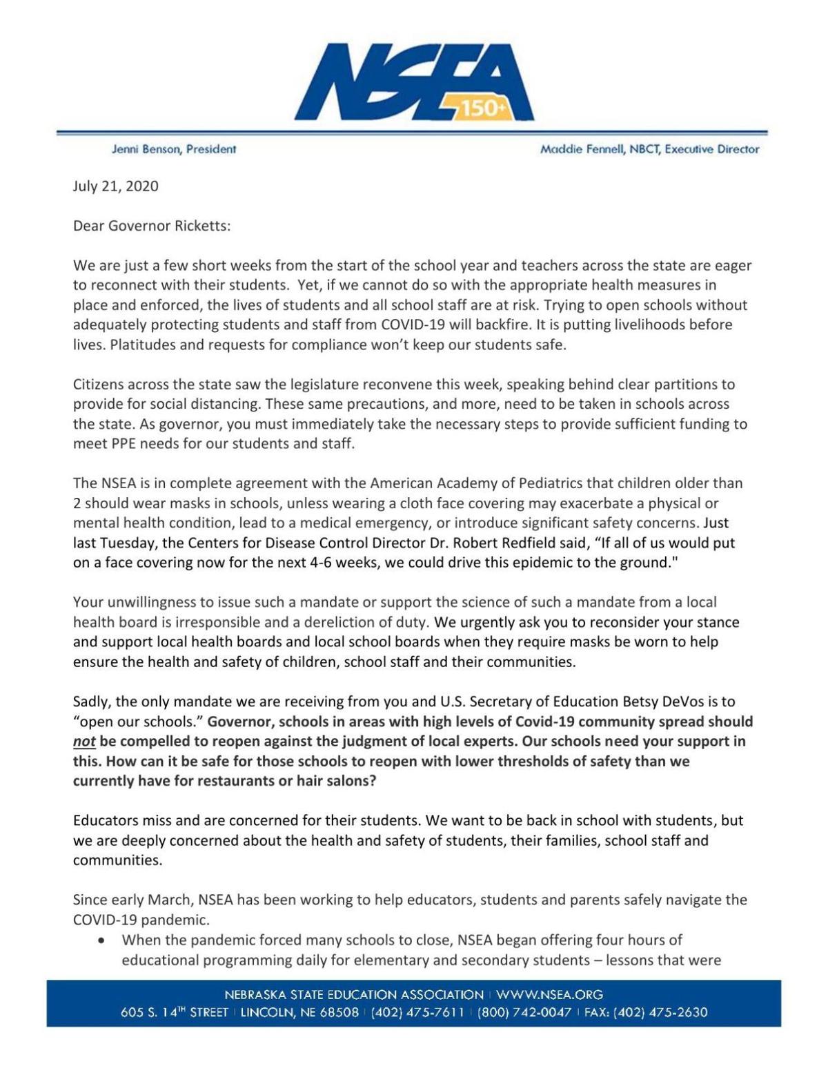 NSEA letter to Gov. Ricketts