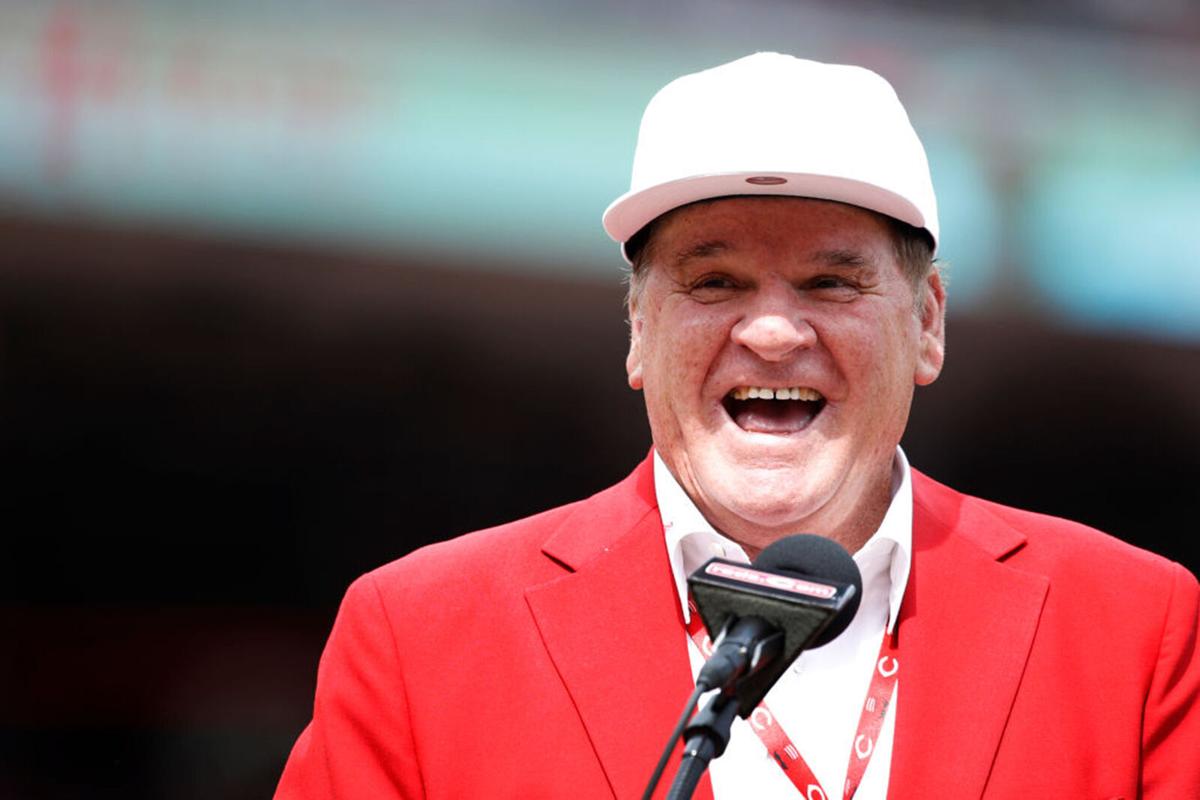 Former Cincinnati Reds great Pete Rose reacts during a statue dedication ceremony prior to a game against the Los Angeles Dodgers at Great American Ball Park on June 17, 2017 in Cincinnati, Ohio.