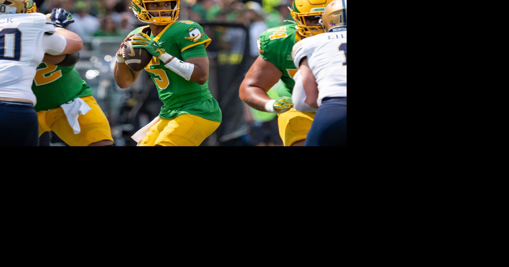 Oregon quarterback Dante Moore looks to pass during his team's game against Montana State at Autzen Stadium on Aug. 30, 2025, in Eugene, Ore.