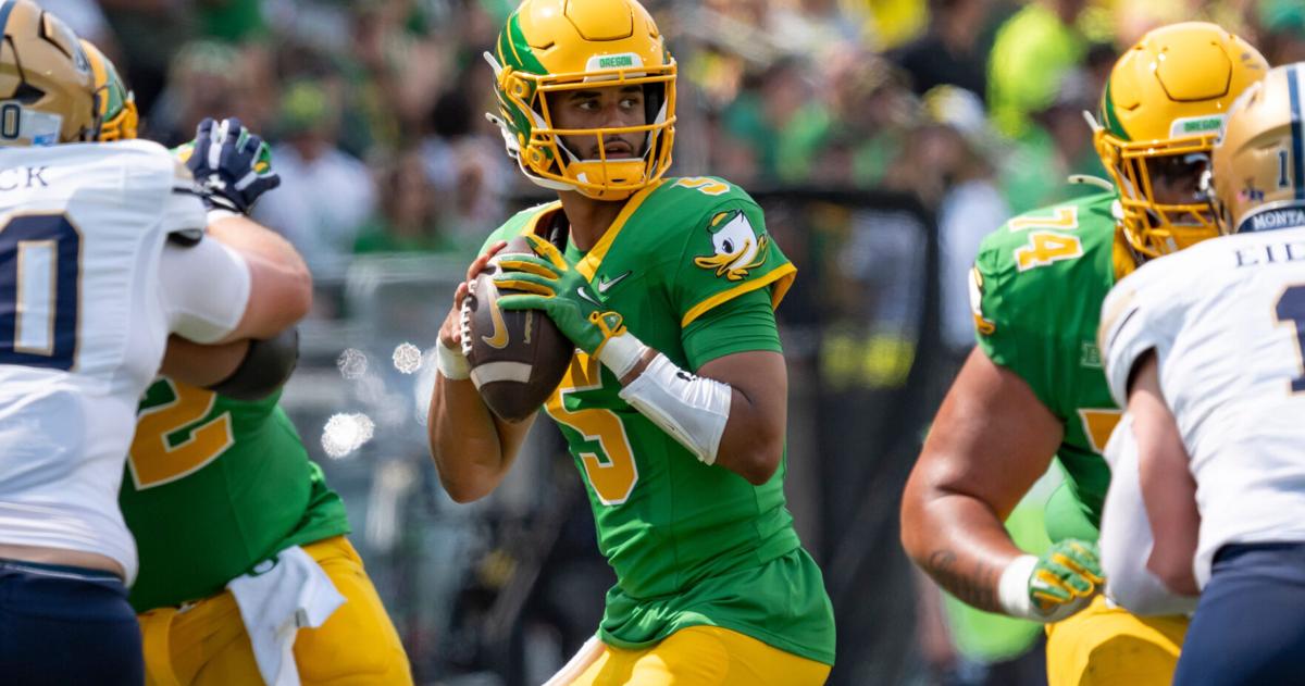 Oregon quarterback Dante Moore looks to pass during his team's game against Montana State at Autzen Stadium on Aug. 30, 2025, in Eugene, Ore.