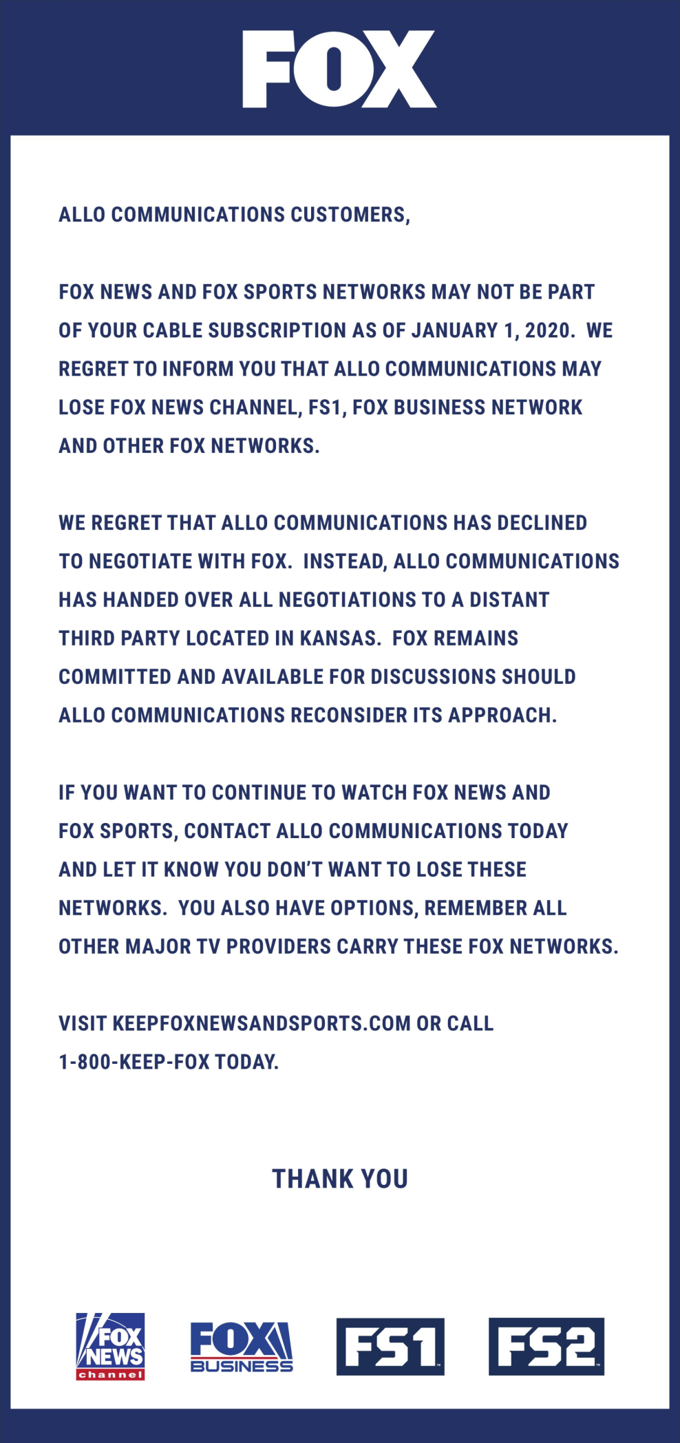 Allo, Fox reach agreement to keep Fox channels airing uninterrupted in Lincoln