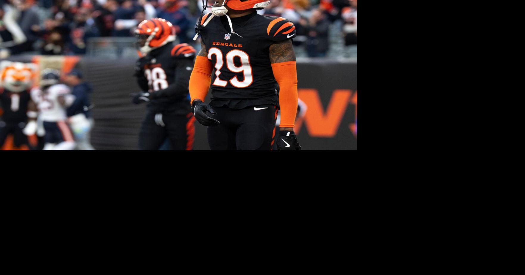 Cincinnati Bengals cornerback Cam Taylor-Britt (29) reacts to Chicago Bears tight end Colston Loveland (84) scoring a go ahead touchdown in the fourth quarter of the NFL football game between Chicago Bears and Cincinnati Bengals at Paycor Stadium in Cincin