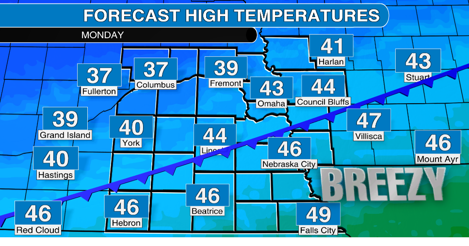Another cold front for southeast Nebraska Monday